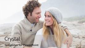  Presentation with romantic - Slide deck with happy romantic young couple sitting together on a rocky landscape background and a mint green colored foreground