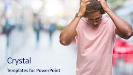  Presentation with man head in hands - Slides consisting of happy sad face - afro american man wearing sunglasses background and a sky blue colored foreground