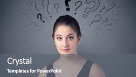  Presentation with question marks - Audience pleasing slide set consisting of happy sad face - pretty teenage girl standing confused backdrop and a gray colored foreground