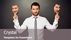  Presentation with face masks - Cool new slide set with happy sad face - serious businessman holding two masks backdrop and a gray colored foreground