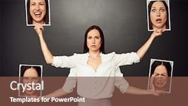  Presentation with woman sad - Presentation enhanced with happy sad face - serious young woman holding pictures background and a tawny brown colored foreground