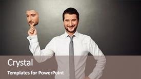  Presentation with happy sad mask - Colorful PPT theme enhanced with happy sad face - smiley businessman holding serious mask backdrop and a gray colored foreground