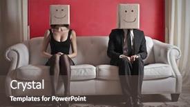  Presentation with happy sad mask - Slide set featuring happy sad mask - woman and a man sitting background and a dark gray colored foreground