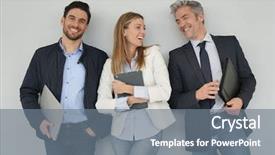  Presentation with sales - PPT layouts enhanced with happy sales team standing together background and a gray colored foreground