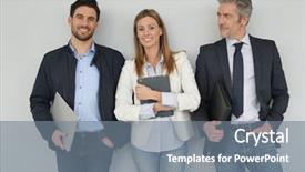  Presentation with sales - PPT theme enhanced with happy sales team standing together background and a gray colored foreground