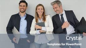  Presentation with sales - PPT theme having happy sales team standing together background and a gray colored foreground