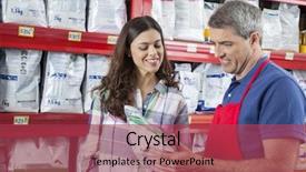  Presentation with pet food - Theme enhanced with happy salesman assisting customer background and a red colored foreground