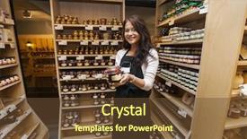  Presentation with grocery store - Beautiful presentation theme featuring happy saleswoman showing product backdrop and a tawny brown colored foreground