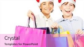  Presentation with christmas kids - Beautiful presentation design featuring happy santa boys with gifts kids carrying colorful shopping bags with christmas presents isolated over white background smiling preteen friends in red hats having fun celebrating holidays backdrop and a lilac colored foreground