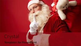  Presentation with gifts - Amazing PPT layouts having happy santa carrying gifts in big red sack backdrop and a crimson colored foreground