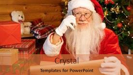  Presentation with santa claus holding scroll paper - Audience pleasing presentation consisting of happy santa claus in costume gloves and eyeglasses holding unrolled paper with kids names and talking to their parents on mobile phone backdrop and a red colored foreground