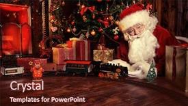  Presentation with christmas magic - Slides featuring happy santa claus playing with toys under the christmas tree christmas concept magic time background and a wine colored foreground