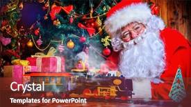  Presentation with christmas magic - Colorful slides enhanced with happy santa claus playing with toys under the christmas tree christmas concept magic time backdrop and a tawny brown colored foreground