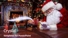  Presentation with christmas magic - Presentation having happy santa claus playing with toys under the christmas tree christmas concept magic time background and a tawny brown colored foreground