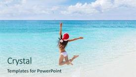  Presentation with holiday destination - Theme with happy santa hat girl jumping background and a sky blue colored foreground