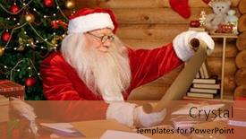  Presentation with reading table - Amazing presentation theme having happy santa with white beard looking through letter on rolled paper while sitting by table and reading christmas wishes backdrop and a red colored foreground