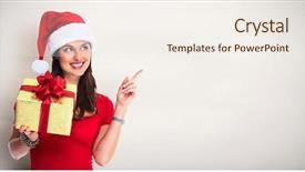  Presentation with gift - PPT theme enhanced with happy santa woman with christmas background and a sky blue colored foreground