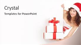  Presentation with girl christmas - Colorful presentation theme enhanced with happy santa woman with gift backdrop and a pink colored foreground