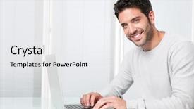  Presentation with young man holdng laptop on lap money - PPT theme having happy satisfied young man working background and a white colored foreground