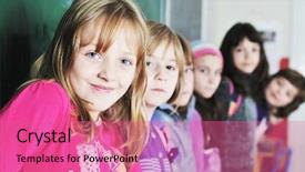  Presentation with girls running - PPT layouts having happy school girls running outdoor background and a coral colored foreground