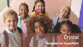  Presentation with high school - Audience pleasing PPT theme consisting of happy school kids smilling backdrop and a tawny brown colored foreground