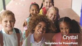  Presentation with high school - Cool new slide deck with happy school kids smilling backdrop and a tawny brown colored foreground