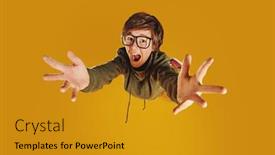  Presentation with glasses - Slide deck consisting of happy-schoolboy-in-glasses-flies background and a gold colored foreground