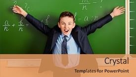  Presentation with joy - Amazing presentation design having happy schoolboy stands at the blackboard in the classroom and raised his hands with joy education backdrop and a coral colored foreground