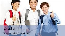  Presentation with back school education - Colorful slide deck enhanced with happy schoolboys with thumbs up backdrop and a teal colored foreground
