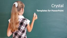  Presentation with writing education female writer - Slide deck featuring happy schoolchild writing on blackboard background and a ocean colored foreground