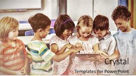  Presentation with using digital tablet - Presentation theme consisting of happy schoolchildren using digital tablet background and a coral colored foreground