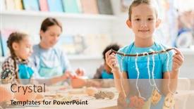  Presentation with classmates - Slide set with happy schoolgirl holding stick with several halloween leaves hanging on threads on background of her classmates and teacher background and a coral colored foreground