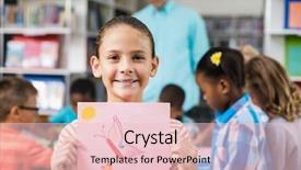  Presentation with library management system archive - Beautiful slides featuring happy schoolgirl showing her drawing backdrop and a lemonade colored foreground