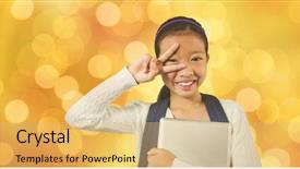  Presentation with digital - Slide set with happy schoolgirl showing victory sign background and a yellow colored foreground
