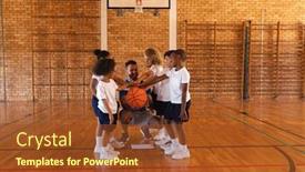  Presentation with basketball court - Theme enhanced with happy-schoolkids-and-basketball-coach background and a tawny brown colored foreground