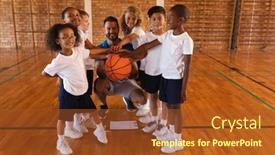  Presentation with basketball court - PPT layouts with happy-schoolkids-and-basketball-coach background and a tawny brown colored foreground