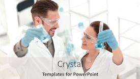  Presentation with show - Audience pleasing slides consisting of happy scientist and assistant show tube with liquid backdrop and a soft green colored foreground