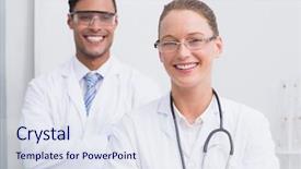  Presentation with camera - Presentation featuring happy scientists smiling at camera with arms crossed in the laboratory background and a sky blue colored foreground