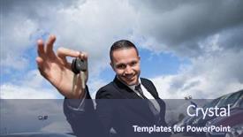  Presentation with luxury car seller - Colorful presentation design enhanced with happy seller holding car keys backdrop and a ocean colored foreground
