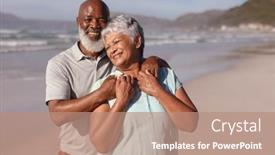  Presentation with happy retirement - Theme consisting of happy-senior-african-american-couple background and a coral colored foreground