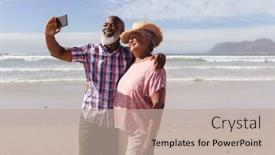  Presentation with happy retirement - Cool new PPT theme with happy-senior-african-american-couple backdrop and a mint green colored foreground