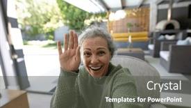  Presentation with happy life - PPT theme with happy-senior-caucasian-woman-having background and a dark gray colored foreground