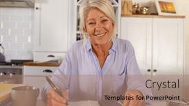  Presentation with alone - Presentation theme having happy-senior-caucasian-woman-sitting background and a coral colored foreground