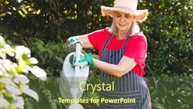  Presentation with retirement garden - PPT theme enhanced with happy-senior-caucasian-woman-working background and a tawny brown colored foreground