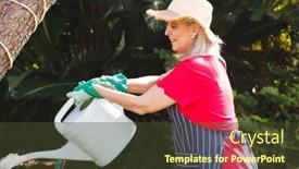  Presentation with retirement garden - PPT theme with happy-senior-caucasian-woman-working background and a tawny brown colored foreground