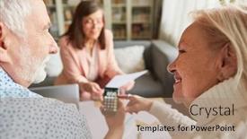  Presentation with happy retirement - Theme featuring happy-senior-couple-calculating-retirement background and a coral colored foreground