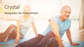  Presentation with exercise mat - Cool new PPT layouts with happy senior couple doing yoga on exercise mat at home backdrop and a cream colored foreground