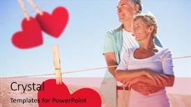  Presentation with senior couple - Beautiful presentation theme featuring happy senior couple embracing on the pier against hearts hanging on a line backdrop and a red colored foreground