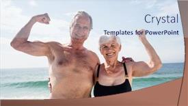  Presentation with flexing - Beautiful PPT theme featuring happy senior couple flexing their muscle on the beach backdrop and a sky blue colored foreground