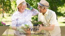  Presentation with senior couple - PPT theme having happy senior couple gardening background and a coral colored foreground